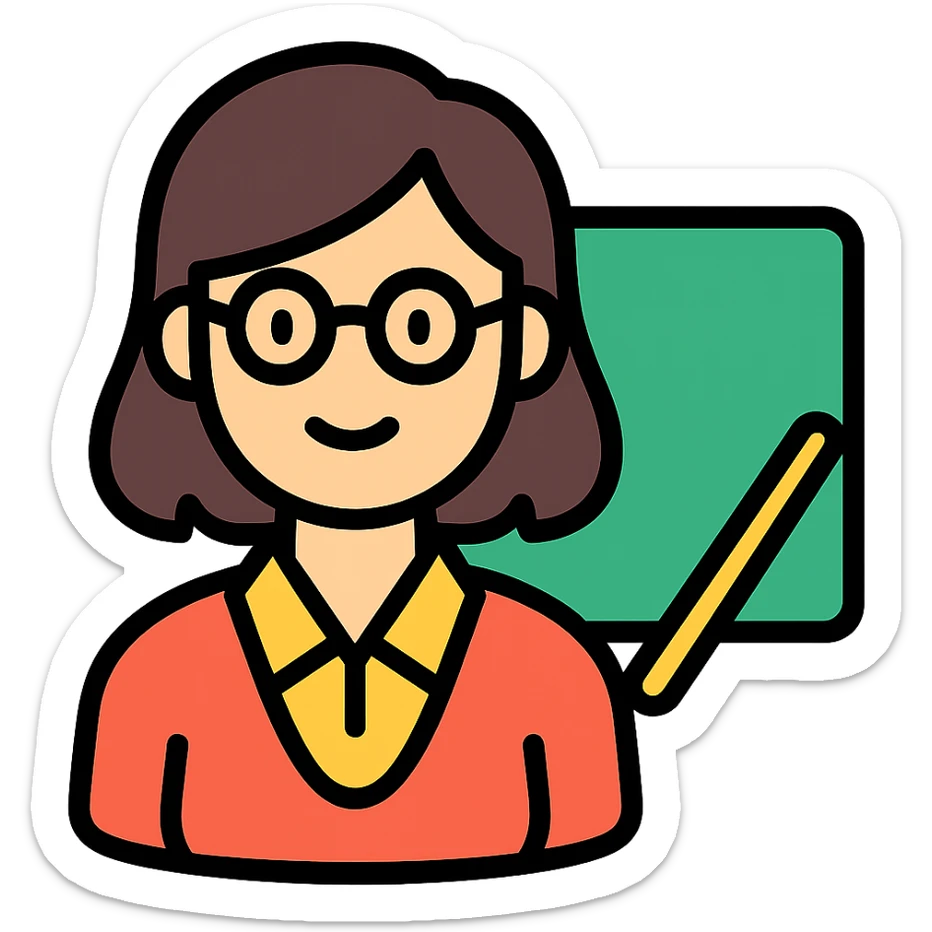 profesora de cabello castaño oscuro hasta los hombros con gafas, fondo blanco simple sticker