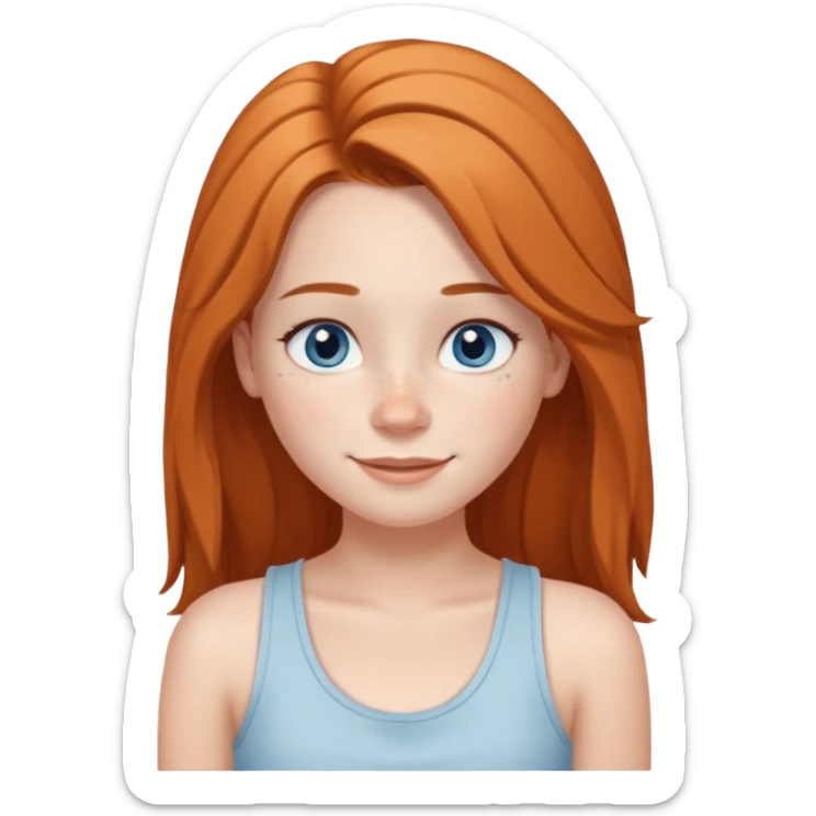 Una chica de tez blanca con pecas, nariz respingada, labios gruesos, ojos grandes color azul grisáceo, pelo largo, lacio, color avellana. Con una blusa de tirantes blanca. Que este sonriendo y q solo se vea de la cintura hacía arriba sticker