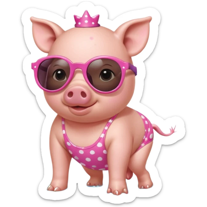 cute pig wearing cool star shaped sunglasses and polka dotbathing suit on all fours  sticker