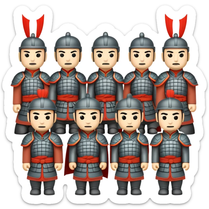 Terracotta Army Xi'an, simplified emoji style with bold outlines and bright colors, cartoon style ancient warrior statues sticker