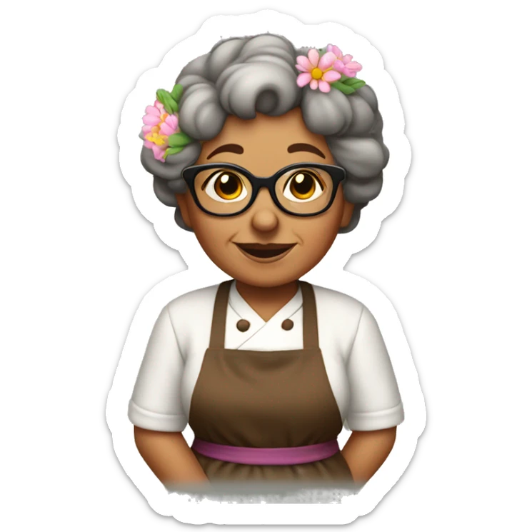 Little brown grandma with glasses in cooking apron with flowers sticker