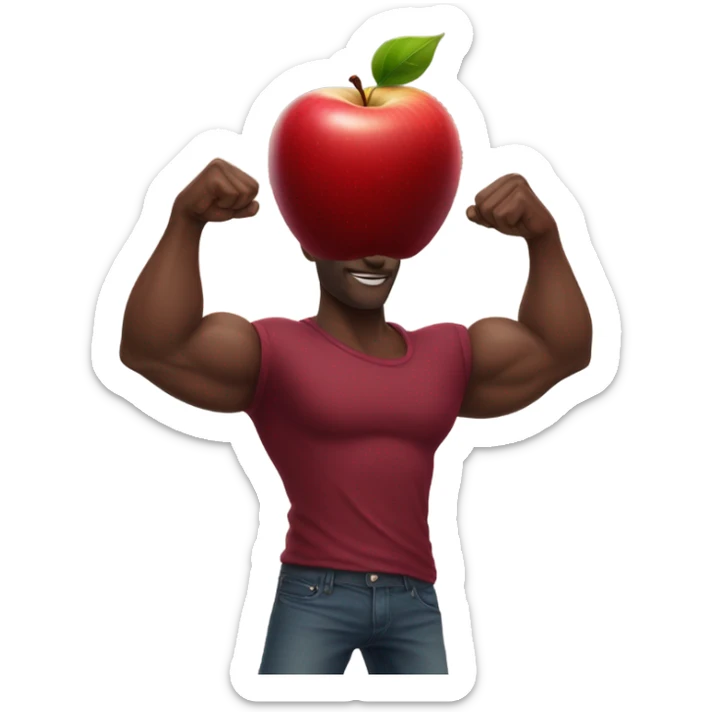 A African muscular hand and arm in a maroon t-shirt holding an apple sticker