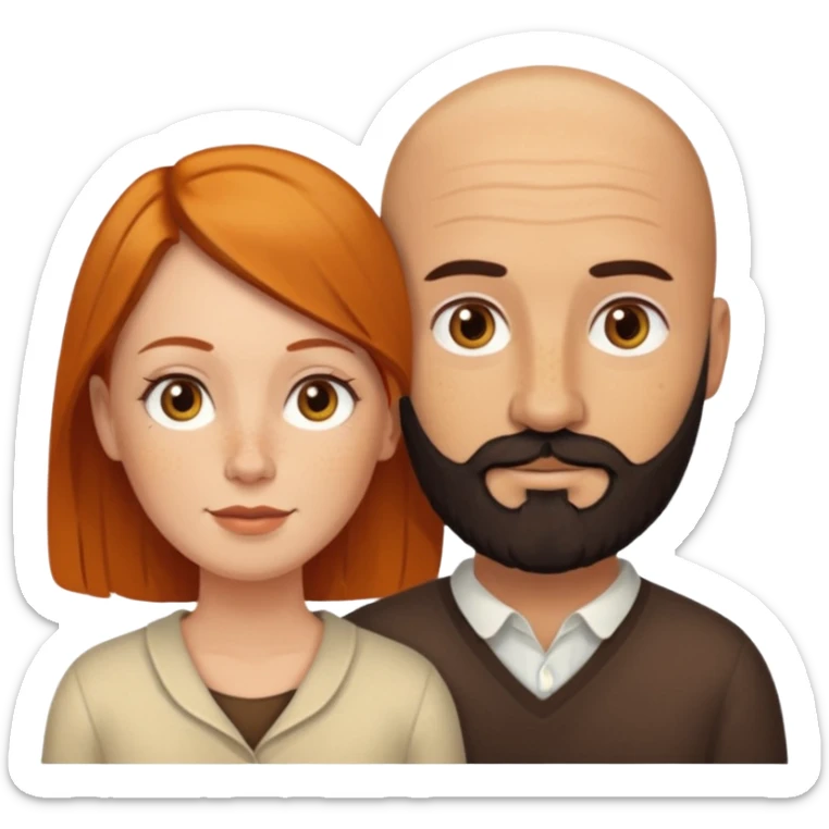 Couple. Bald man with dark brown-black beard. White woman with many small, faded freckles, she has white skin and she has auburn-yellow-brown-cinnamon, dark hair. She has light orange-brown eyes. The man have hazel eyes. Retro style. sticker