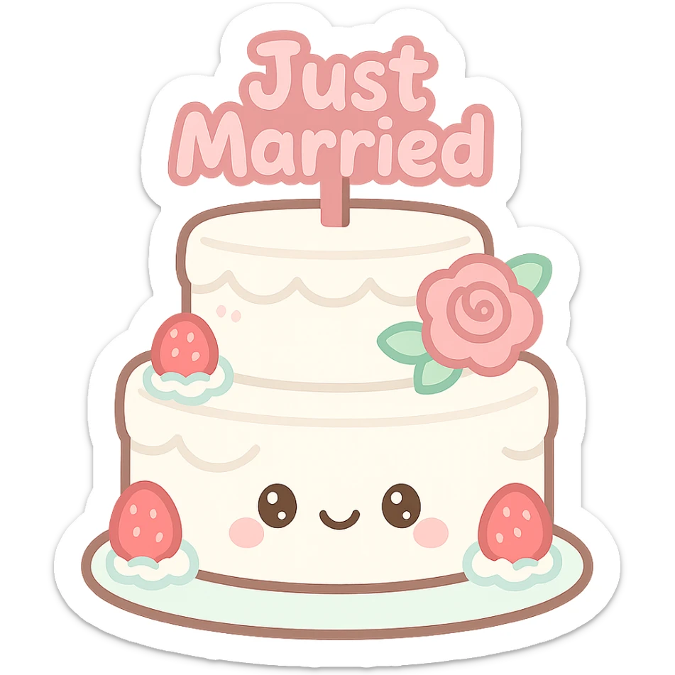 white wedding cake with strawberries, pink roses, Just Married topper, kawaii style sticker