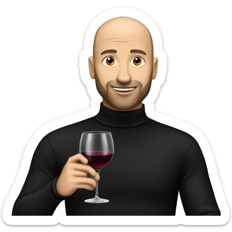 A handsome bald man with a short beard in a black turtleneck with a glass of wine sticker