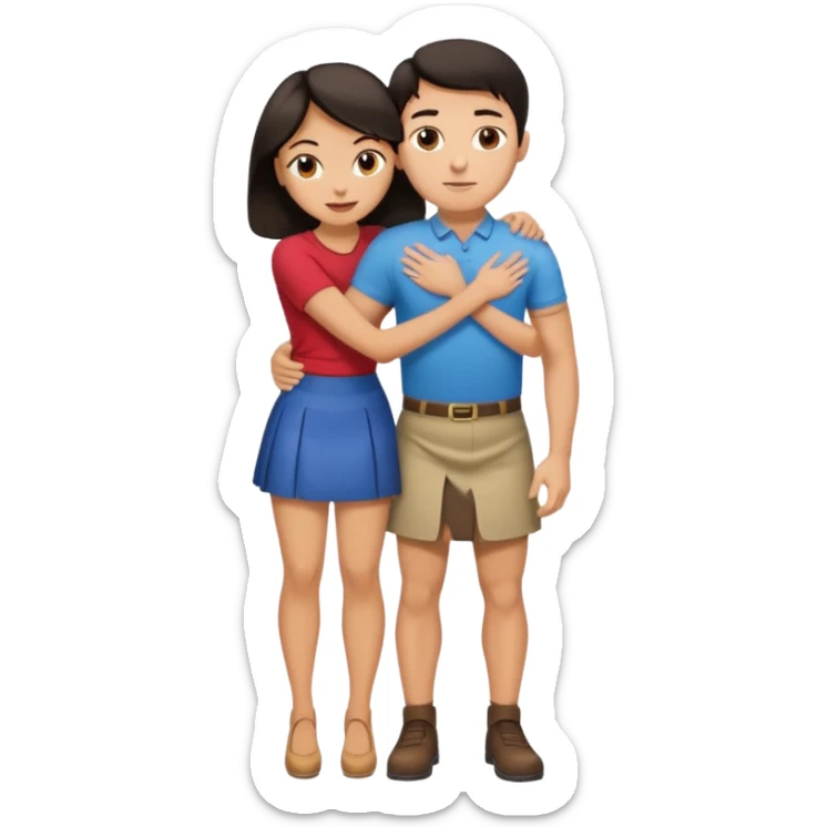  man with dark hair on knees, facing dark haired, middle aged woman in a micro mini skirt, hugging her waist sticker