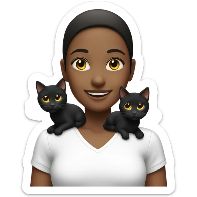 smiling girl in white shirt with 3 black cats around her sticker