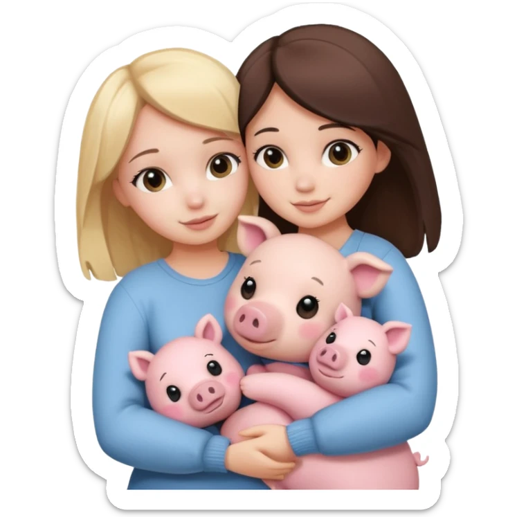 Girlfriends, blonde and brunette, hugging each other with a teddy bear and a little pig sticker