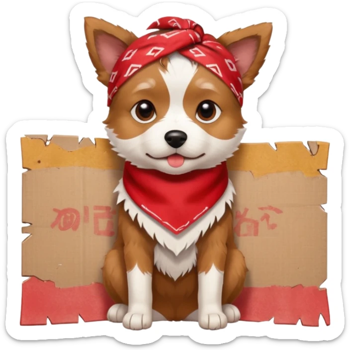 A small scruffy dog wearing a torn bandana, sitting beside a cardboard piece with hopeful gentle eyes.
e Fireplace sticker