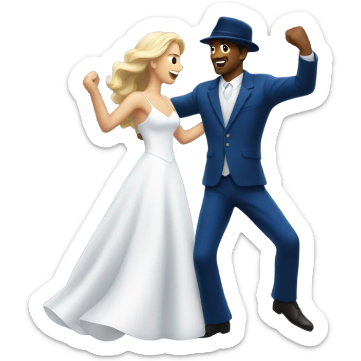 Puerto rican beard short hair with blue hat and navy blue suit first dance with blond long hair girl with white  wedding dress  sticker