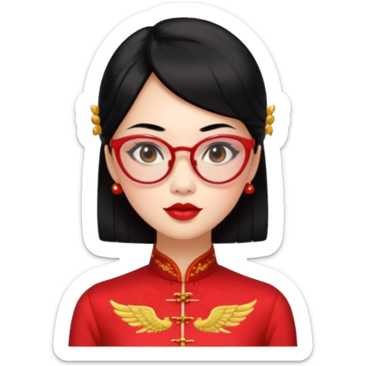 an oriental lady in a red cheongsam, red lipstick, winged eyeliner, fair light pinkish skin, small nose, thick sensual lips, average build, transparent glasses, mid-length black hair sticker
