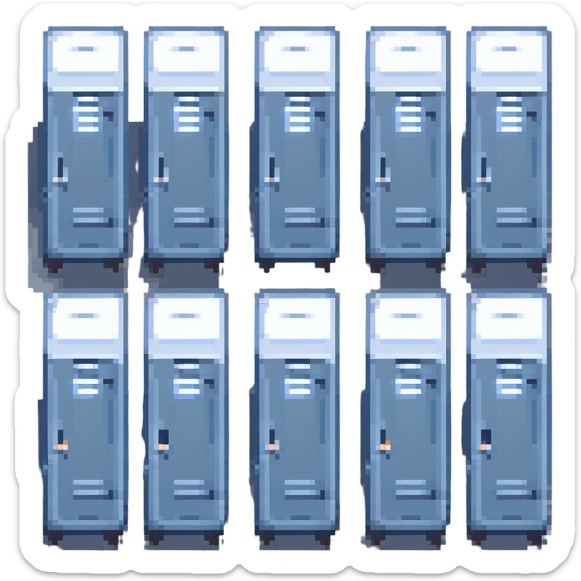 pixel art of a row of lockers, front view, blue and gray colors sticker