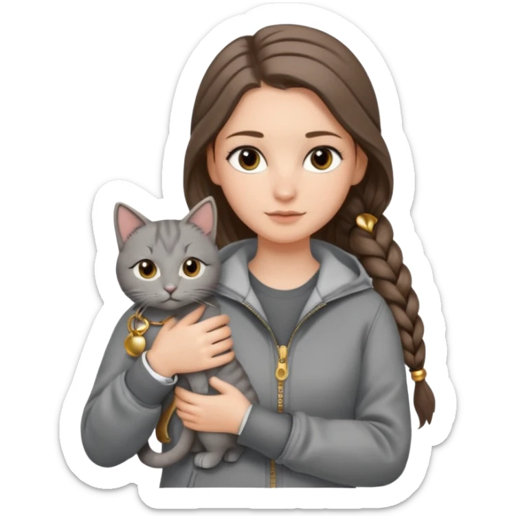 a white girl with long brunette hair in braid that is over her shoulder. shes holding a grey cat. the girl has long lashes and has on a grey zip up that is half way zipped  and under a white shirt and gold jewelry that is gold bracelets. sticker