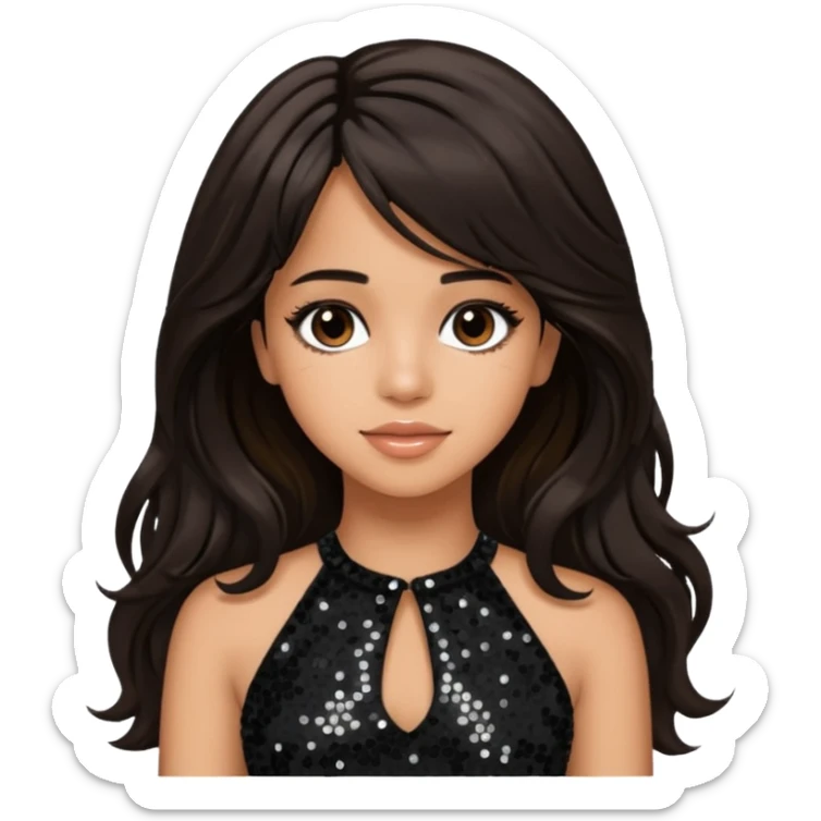 Camila Cabello from Fifth Harmony with long dark brown hair, black sequin outfit sticker