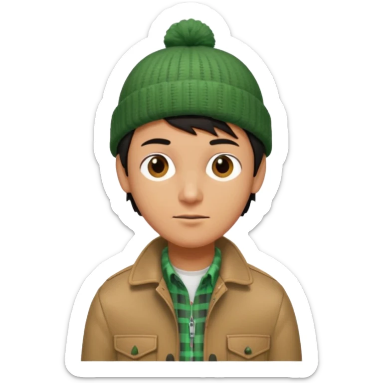 young man with longish black Beatle haircut, brown eyes, tan complexion, green beenie hat, tan jacket, checked shirt , pork chop sideburns sticker