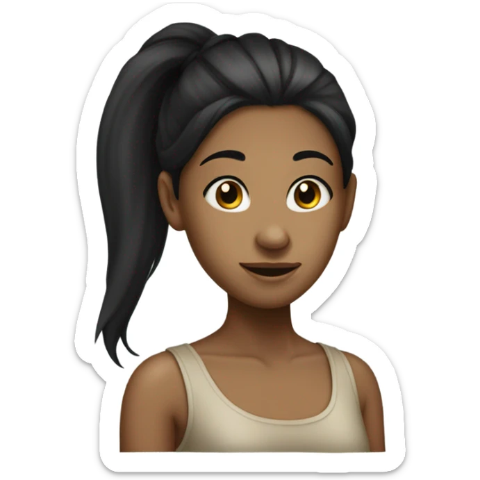 A girl with hyperpigmentation facing to the side with a long nose and a black ponytail  sticker