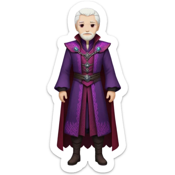a white haired old man with purple eyes standing, full body, in Targaryen themed clothes, clothes are black and red themed sticker