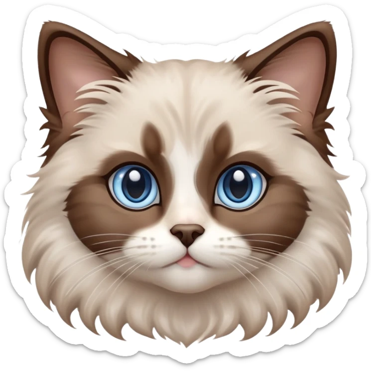 cinematic-fluffy-brown-ragdoll-cat-portrait-emoji,-head-tilted-cutely-with-big,-sparkling-blue-eyes,-soft-brown-and white-colored-fur-with-darker-points-on-the-ears,-face,-and-paws,-simplified-yet-irresistibly-adorable-features, sticker