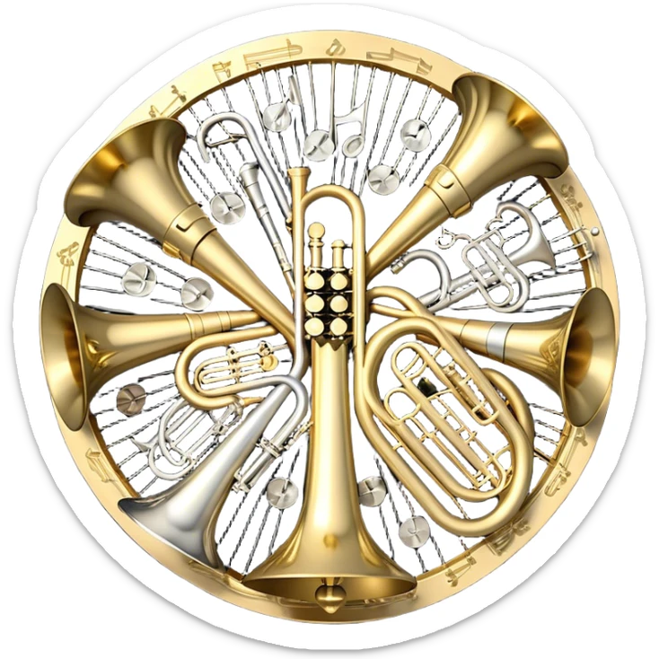 Create a festive and elegant emoji collage featuring a bouquet or fan of brass instrument bells (trumpets, saxophones, trombones, tubes, etc.) arranged in a radiant, symmetrical pattern. The instruments should have polished, golden and silver finishes, with their large, shiny bells forming a beautiful, fan-like display. Include a flowing ribbon of musical notes swirling through the center, conveying movement and melody. The background should feature a deep red velvet texture, adding a touch of luxury and sophistication. The overall composition should be balanced, with an elegant and regal feel, with a transparent background to keep focus on the instruments and musical elements. sticker