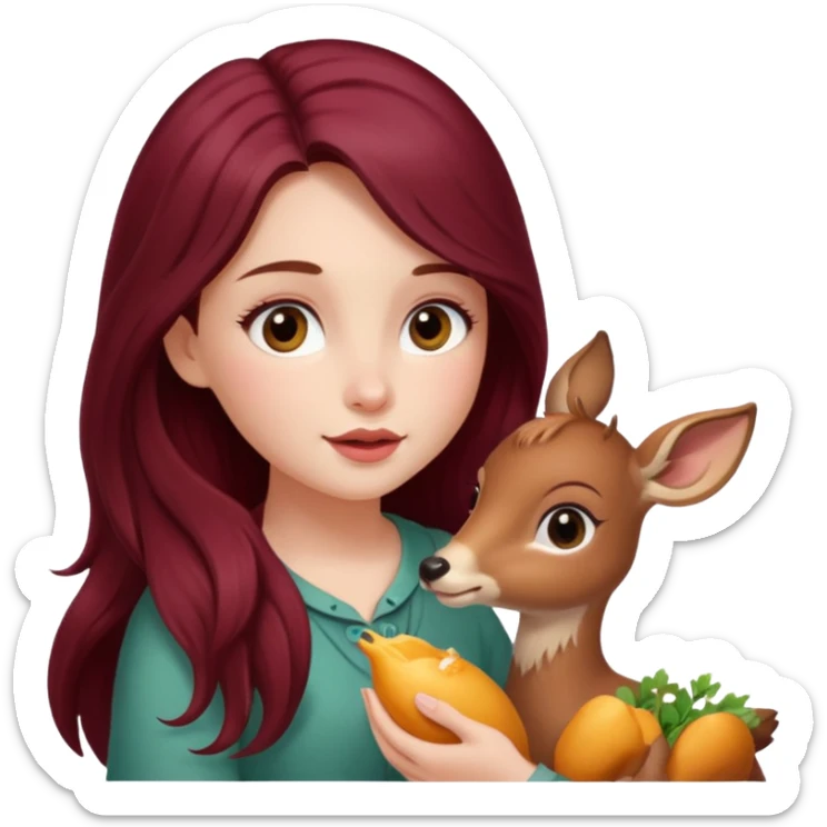 Beautiful burgundy long haired girl feeding baby deer sticker