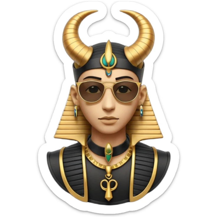 3D cartoon horned character portrait, wearing sunglasses, gothic ancient Egyptian style, pharaoh collar, dark gold and black outfit, ankh symbols, Egyptian jewelry, mysterious expression, soft dramatic lighting, centered, clean background, no text, no watermark sticker
