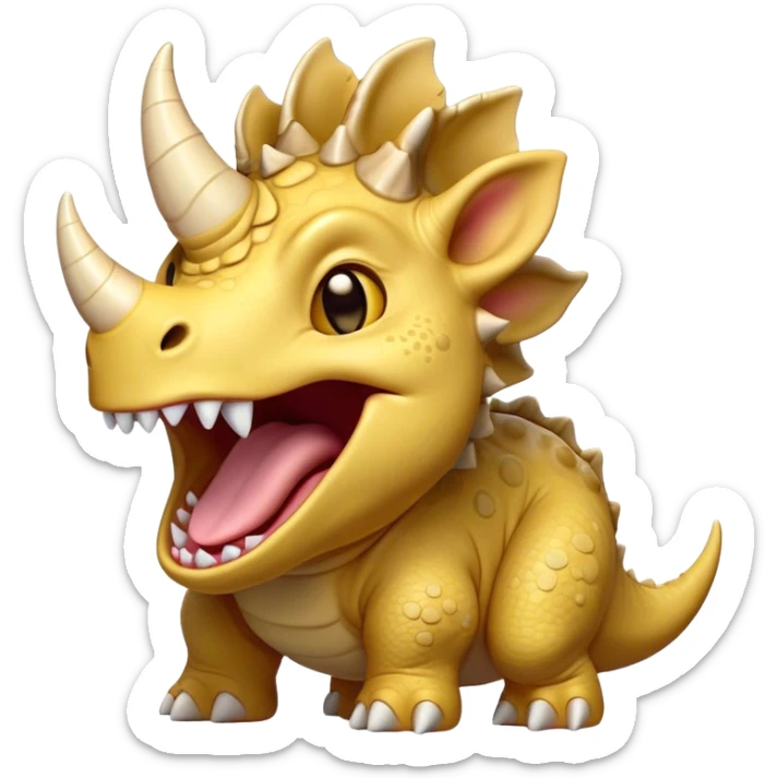 Cinematic Cute Yawning Triceratops Portrait Emoji, Head tilted slightly with a dramatic, wide-open yawn, showcasing a robust, horned body with a frilled head and sleepy, half-closed eyes, Simplified yet irresistibly cute features, highly detailed, glowing with a soft, cozy prehistoric glow, high shine, relaxed yet expressive, stylized with a dash of whimsical ancient charm, soft glowing outline, capturing the essence of a drowsy yet affectionate Triceratops that appears ready to stretch and yawn its way out of the screen! sticker