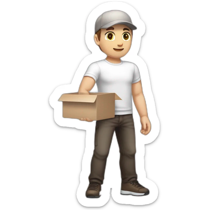 Pale skinned fit Man with dark brown hair in a light gray cap, dark brown jeans, brown polo and white T-shirt keeping a pasted with tape white box into his hands sticker