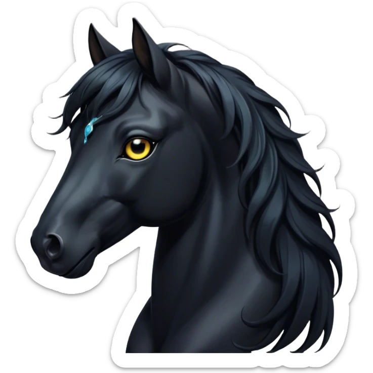 Cinematic Elegant Black Horse Portrait Emoji, Head held high with a serene, powerful gaze, showcasing a magnificent jet-black fur with a radiant, glossy finish, a flowing mane and tail, and piercing dark eyes exuding beauty and strength, Simplified yet majestically refined features, highly detailed, glowing with a soft, ethereal light, high shine, poised and breathtaking, stylized with an air of pure elegance, capturing the essence of a stunning and graceful steed, so beautiful it feels like it could gallop out of the screen with effortless charm! sticker