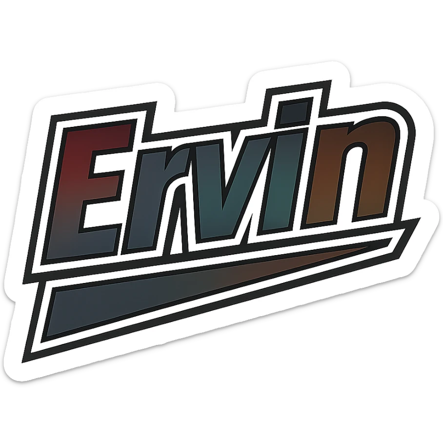 Ervin name in masculine, modern gradient font with dark contour, prominent and clearly visible white border like the sample image, dynamic slanted underline, masculine color shades including blue, gray, burgundy, green, brown, 1000x1000 px, PNG, transparent background, in the style of the uploaded sample. sticker