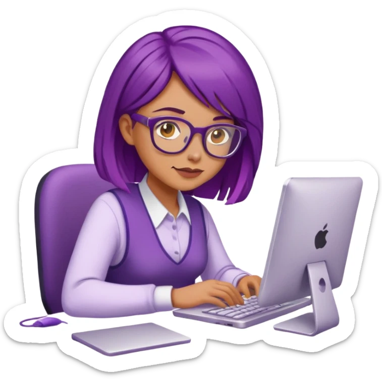 Ojos color miel, cabello lila, lentes, mujer, trabaja en su computador sticker