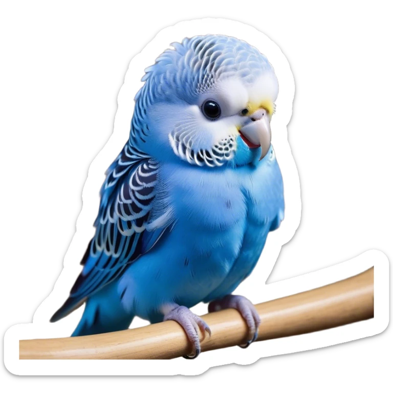 Cinematic Cute Blue Budgie Portrait Emoji, Head tilted playfully and inquisitively, featuring a brilliant blue feathered fur with a natural sheen, round, sparkling dark eyes filled with curiosity, Simplified yet irresistibly adorable features, highly detailed, glowing with a warm, friendly glow, high shine, affectionate and lively, stylized with a touch of whimsy, bright and endearing, soft glowing outline, capturing the essence of a mischievous yet loving budgie, so playful it feels like it could chirp out of the screen and into your arms! sticker