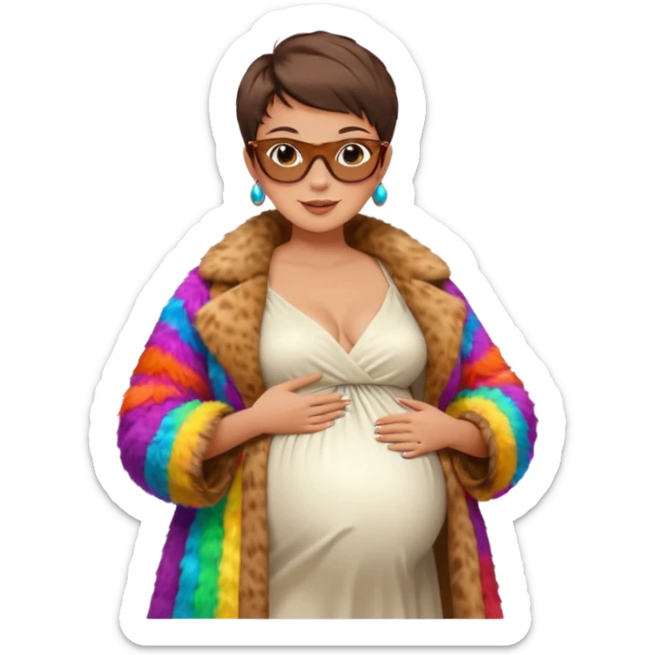 pregnant stylish woman with short pixie brunette hair happily touching her big belly while wearing white dress and fancy brown fur coat and colorful shades sticker