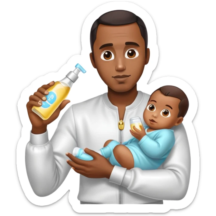 Diddy in a party outfit holding baby oil sticker