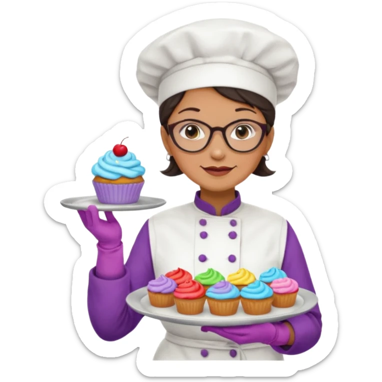 Older female pastry chef – round glasses, oven mitts on, holding a tray of cupcakes

 sticker
