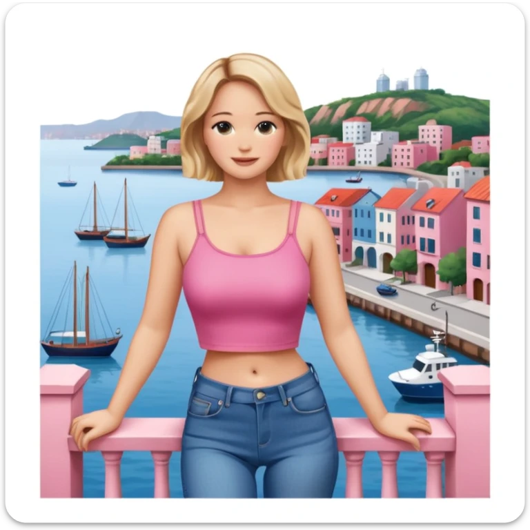 jennifer lawrence, pink crop top, and blue jeans, leaning on a balcony with a harbor and cityscape in the background, smiling sticker