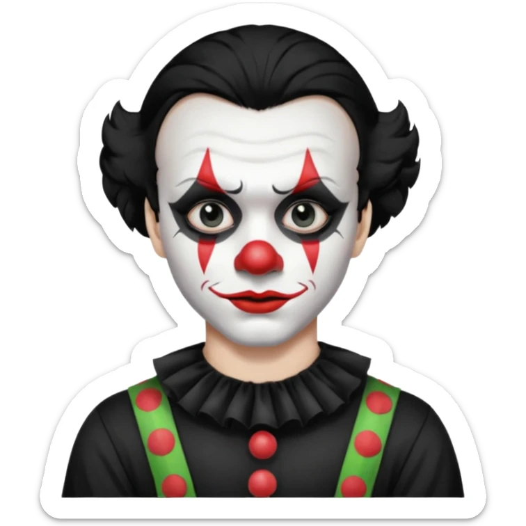 man with black hair only black and white clown makeup black eye makeup black lipstick black t-shirt sticker