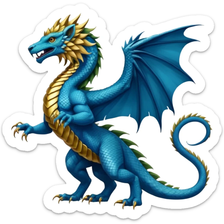 Mušḫuššu, ancient divine beast: blue scaled serpentine body, lion mane, lion forelegs, eagle hind legs, long neck, horned dragon head, lizard tail, optional wings sticker