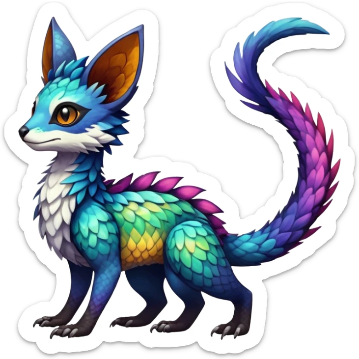 Rare realistic exotic edgy epic pretty beautiful handsome gorgeous aesthetic colorful vibrant Vernid-Trico-species-Fakemon-creature by LiLaiRa, 4 legs, 1 tail, random markings, (full body) sticker