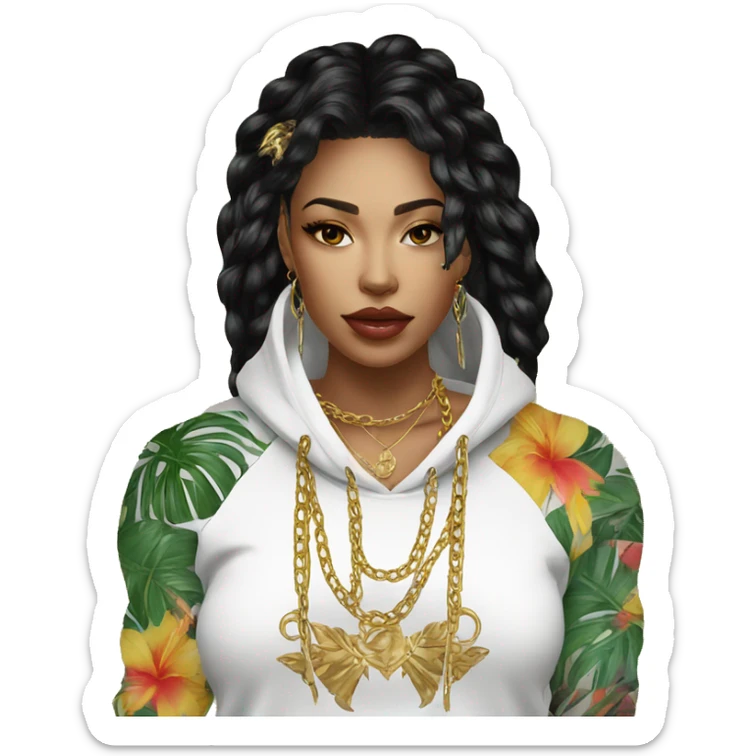 Trendy lady tropical baroque hoodie with tattoos and gold chain sticker