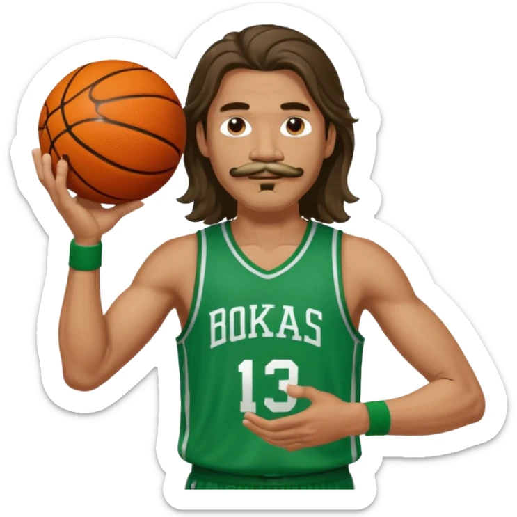 long haired man basketball player green jersey with mustache holding basket ball sticker