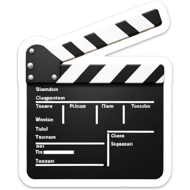 Minimalist film clapperboard, black and white, clean geometric shapes with diagonal line sticker