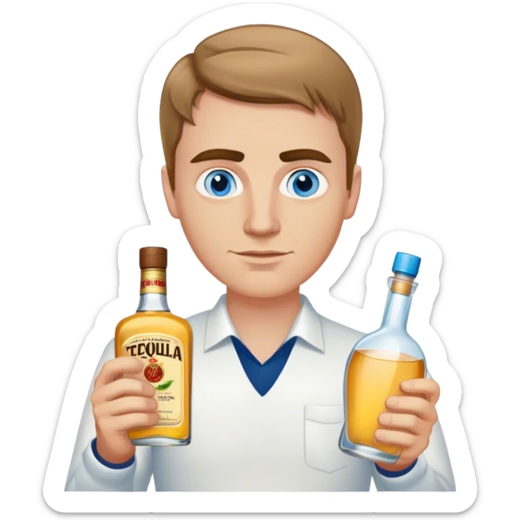 white guy light brown hair and eyebrows holding a bottle of tequila blue eyes  sticker