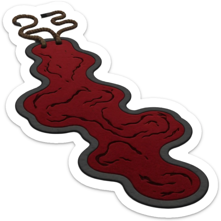 Minimalist emoji-style sticker of a carpet turning into a dark river, murky texture, grayscale and dried blood tones, side ropes in shadow
 sticker