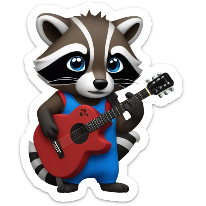 Furry red black blue raccoon eat cookie andand he holds a guitar in his hand sticker
