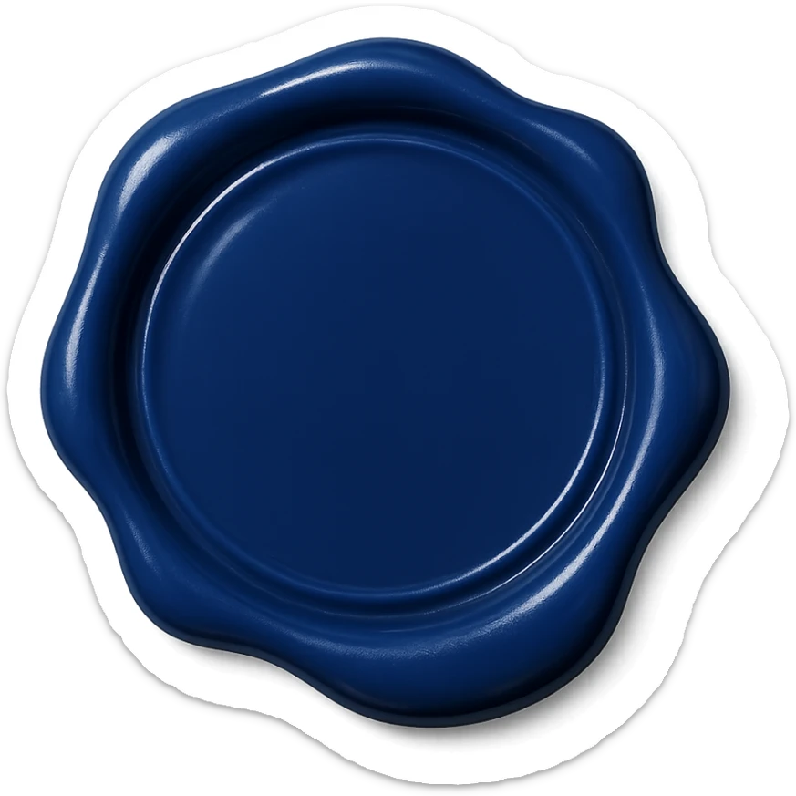 wax seal, royal blue color, circular shape, glossy finish, slightly melted look, no emblem sticker