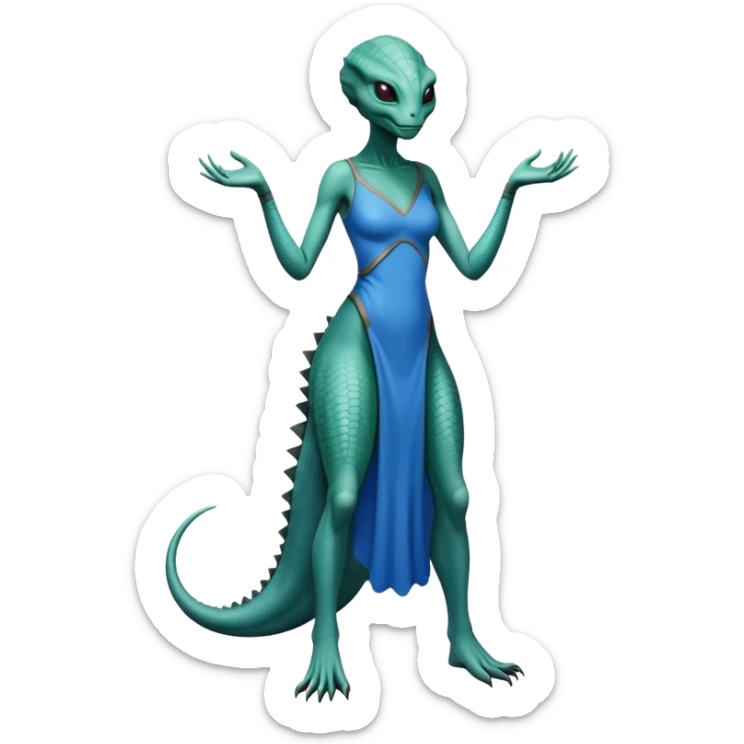 a reptilian alien woman full body, in blue dress sticker