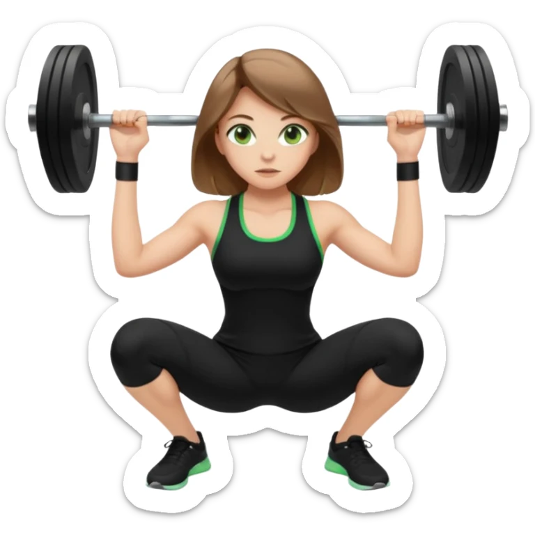 Beautiful woman with light brown shoulder length hair popping a squat without any weights. Make her with a little lighter, brown hair and green eyes. Make her fair skinned and wearing a black workout suit. sticker
