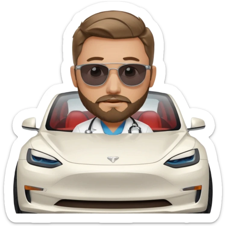 White tesla model 3 and one cool physician with dark blond hair, beard, stetoscope and dark sunglasses next to it sticker