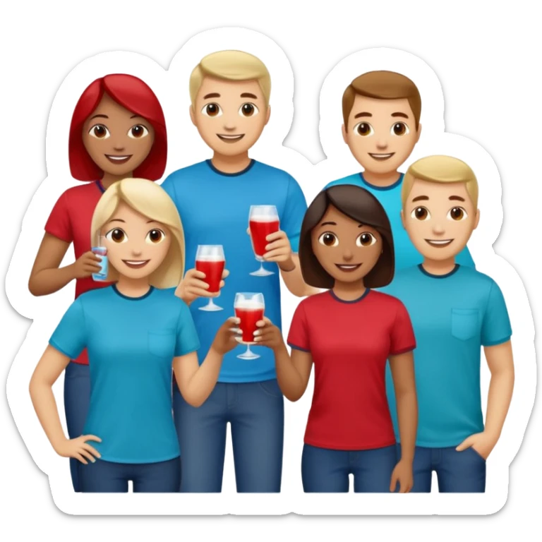 Two dozen adults in casual clothing with red, aqua and blue shirts with different drinks chatting at an afterwork meeting sticker
