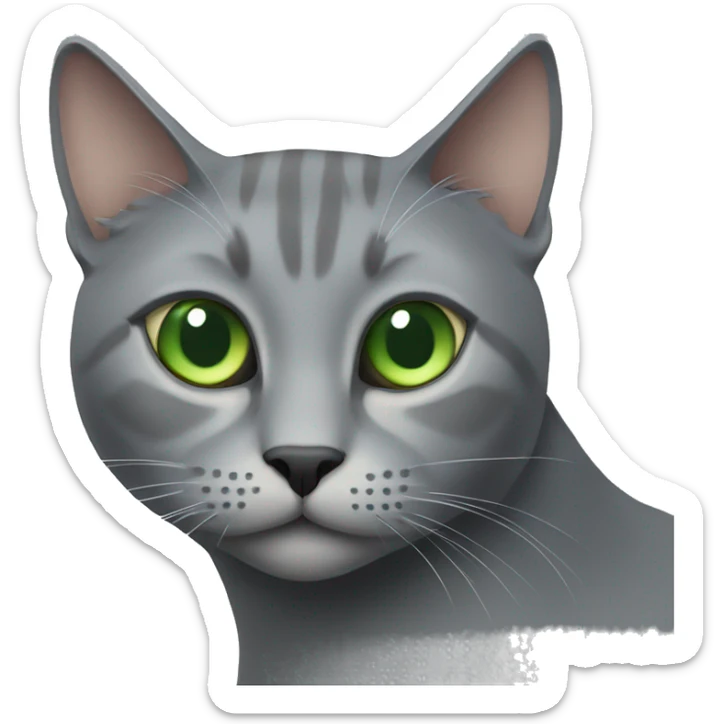 side profile of a grey cat who is looking towards the viewer and has green slitted eyes sticker